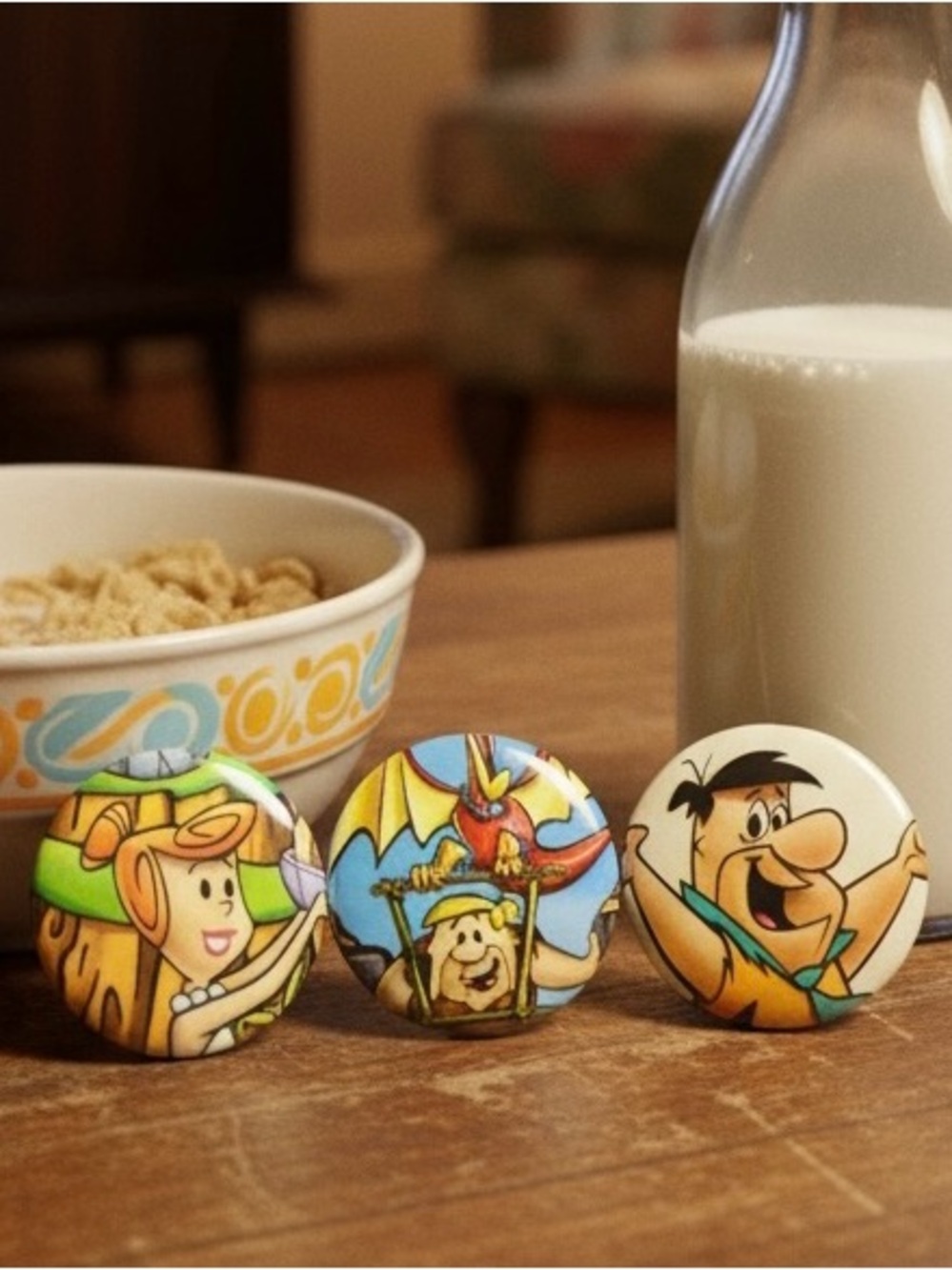 Flintstones Handmade Button Set (3) Upcycled Cartoon Pins 1.25in